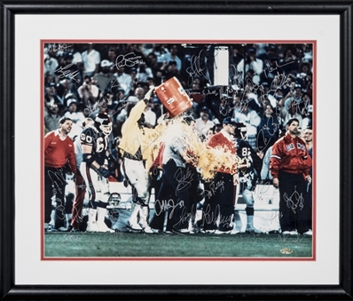 1986 New York Giants Team Signed Super Bowl XXI Gatorade Shower Photo With Over 40 Signatures in 26x22 Framed Display (Steiner)